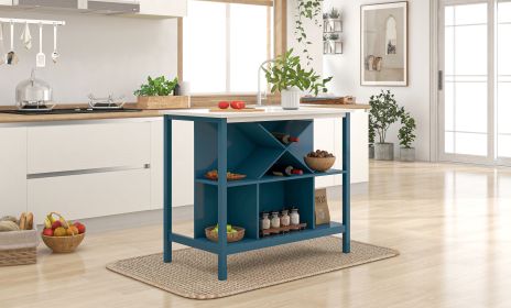 Farmhouse Wood Stationary Counter Height Kitchen Island Dining Table with Shelves and Wine Rack for Small Places,Blue Frame+White Top