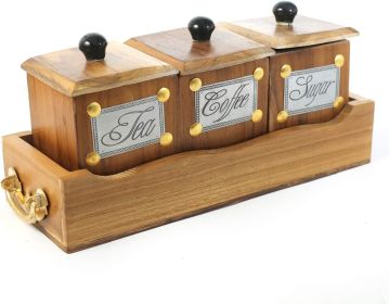 WILLART Handcrafted Teak Wood Antique Look Tea Coffee Sugar 3 Container Set in Wooden Tray â€“ Container with Lids (Dimension : 10.50 x 4 x 5 Inch)