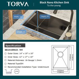 14-Inch Gloss Black Workstation Undermount Single Bowl Kitchen Sink;  16 Gauge Stainless Steel with Ceramic Coating and NanoTek Bar or Prep Sink with