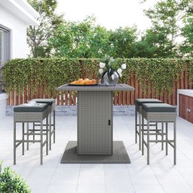 Patio 5-Piece Rattan Dining Table Set, PE Wicker Square Kitchen Table Set with Storage Shelf and 4 Padded Stools for Poolside, Garden, Gray Wicker+Dar