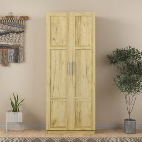 High wardrobe and kitchen cabinet with 2 doors and 3 partitions to separate 4 storage spaces; oak
