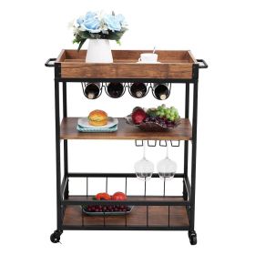 3-Tier Industrial Bar Serving Cart, Mobile Kitchen Storage Cart with Casters and Removable Tray, Wood Metal Serving Trolley for Home Dining Room, Brow