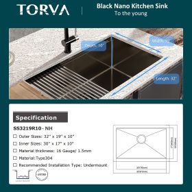 32-Inch Gloss Black Workstation Undermount Single Bowl Kitchen Sink;  16 Gauge Stainless Steel with Ceramic Coating and NanoTek Sink with Bamboo Cutti