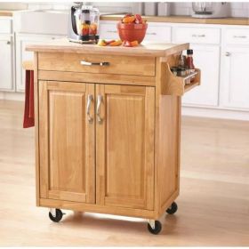 Kitchen island cart with drawers and storage rack spice rack;  towel rack;  butcher block countertop;  white and natural (Color: natural color)