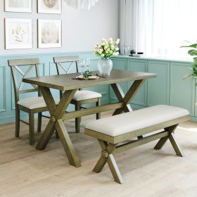 4 Pieces Farmhouse Rustic Wood Kitchen Dining Table Set with Upholstered 2 X-back Chairs and Bench (Color: Green)