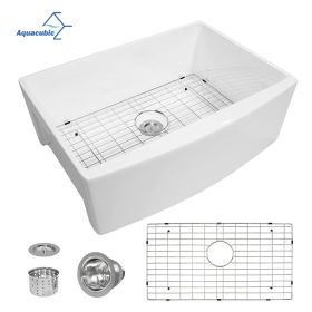 Aquacubic White Finish Reversible single bowl Ceramic Farmhouse Apron Front Kitchen Sink with Bottom Grid and Basket Strainer (size: 33" X 21" X 10")