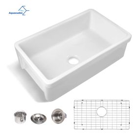 Aquacubic White Finish Reversible single bowl Ceramic Farmhouse Apron Front Kitchen Sink with Bottom Grid and Basket Strainer (size: 30" * 20" * 10")