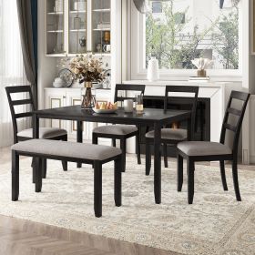 6-Piece Kitchen Simple Wooden Dining Table and Chair with Bench, Fabric Cushion (Color: Espresso)