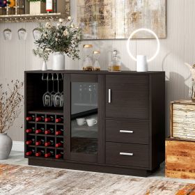 Kitchen Functional Sideboard with Glass Sliding Door and Integrated 16 Bar Wine Compartment, Wineglass Holders (Color: Espresso)