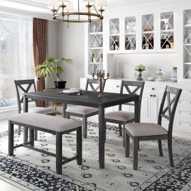 6-Piece Kitchen Dining Table Set Wooden Rectangular Dining Table, 4 Fabric Chairs and Bench Family Furniture (Color: Gray)
