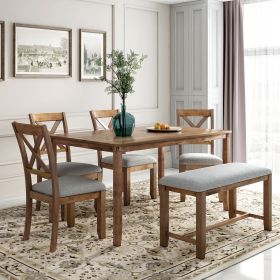 6-Piece Kitchen Dining Table Set Wooden Rectangular Dining Table, 4 Fabric Chairs and Bench Family Furniture (Color: Natural Cherry)