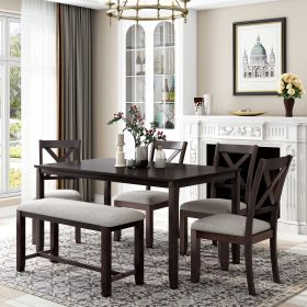 6-Piece Kitchen Dining Table Set Wooden Rectangular Dining Table, 4 Fabric Chairs and Bench Family Furniture (Color: Espresso)