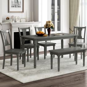 Classic 6-Piece Dining Set Wooden Table and 4 Chairs with Bench for Kitchen Dining Room (Color: Gray)