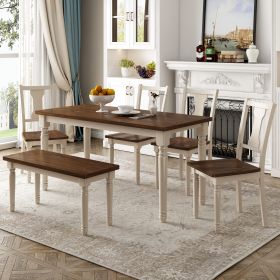 Classic 6-Piece Dining Set Wooden Table and 4 Chairs with Bench for Kitchen Dining Room (Color: Brown+Cottage White)