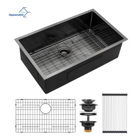 Aqucubic Large Gunmetal Black Handmade 304 Stainless Steel Undermount Kitchen Sink with Accessories (Color: 3021A1BR10, Thickness: 16 Gauge)