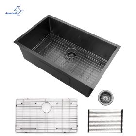 Aqucubic Large Gunmetal Black Handmade 304 Stainless Steel Undermount Kitchen Sink with Accessories (Color: 2819A1BR10, Thickness: 16 Gauge)