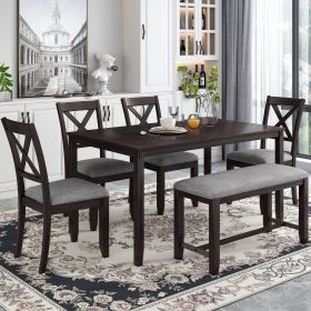 6-Piece Kitchen Dining Table Set Wooden Rectangular Dining Table, 4 Dining Chairs and Bench Family Furniture for 6 People (Color: Espresso)