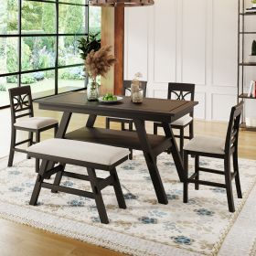 6-Piece Wood Counter Height Dining Table Set with Storage Shelf;  Kitchen Table Set with Bench and 4 Chairs; Rustic Style (Color: Espresso)
