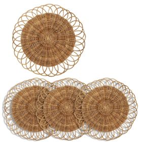Set of 4 Round Rattan Placemat Dining Table Mats for Kitchen; Home DÃ©cor and Display (Flower Shape) (Color: Natural)