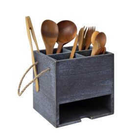 Torched Wood Kitchen Condiment Organizer and Flatware Utensil Cutlery Caddy Great Storage Organiser for Home Decoration (Color: Black)