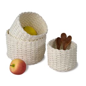 Wicker Baskets for Bathroom; Kitchen and Home Decor | Wire Woven Closet Storage (Set 3) (Color: White)
