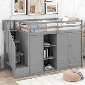 Functional Loft Bed with 3 Shelves;  2 Wardrobes and 2 Drawers;  Ladder with Storage;  No Box Spring Needed (Color: Gray)