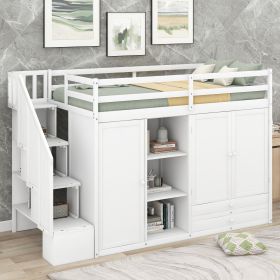 Functional Loft Bed with 3 Shelves;  2 Wardrobes and 2 Drawers;  Ladder with Storage;  No Box Spring Needed (Color: White)
