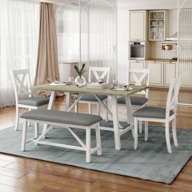 6 Piece Dining Table Set Wood Dining Table and chair Kitchen Table Set with Table;  Bench and 4 Chairs;  Rustic Style; White+Gray (Color: White+Gray)
