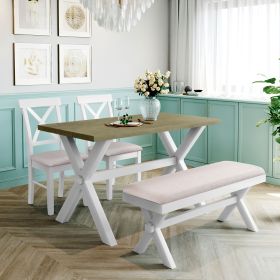 4 Pieces Farmhouse Rustic Wood Kitchen Dining Table Set with Upholstered 2 X-back Chairs and Bench (Color: White)