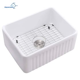 Aquacubic White Finish Reversible single bowl Ceramic Farmhouse Apron Front Kitchen Sink with Bottom Grid and Basket Strainer (size: 24*18*10 inch)