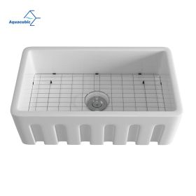 Aquacubic White Finish Reversible single bowl Ceramic Farmhouse Apron Front Kitchen Sink with Bottom Grid and Basket Strainer (size: 33*20*10 inch)